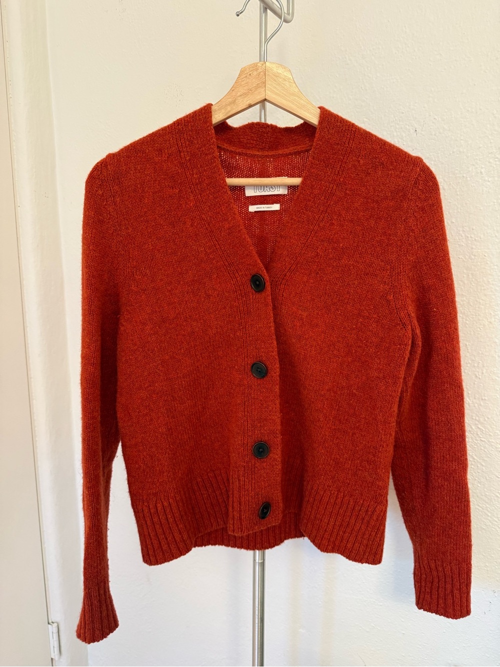 Toast UK Button-Front Cozy Wool V-Neck Cardigan Sweater - Rust